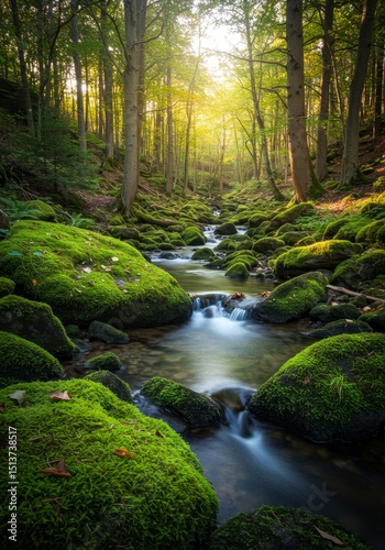 Serene Forest Stream - A tranquil stream flows through a lush forest, sunlight dappling through the trees. Moss-covered rocks line the banks, creating a peaceful scene