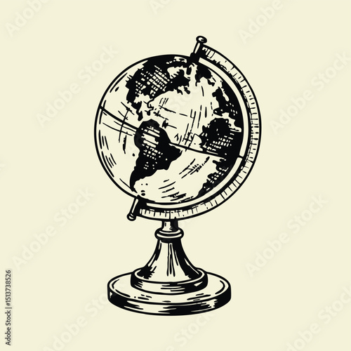 Vintage Globe Illustration in Black and White on Cream Background
