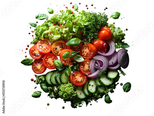 A salad with a variety of vegetables including tomatoes, cucumbers, and onions