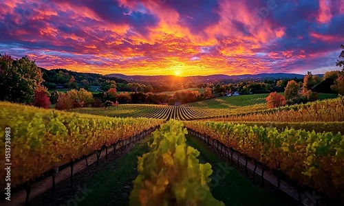 Vibrant sunset over a vineyard with colorful autumn foliage and rolling hills in the background
