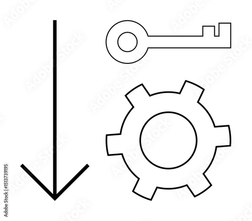 Downward arrow, key, and gear icons combine to symbolize direction, access, tools, and operations. Ideal for navigation, settings, workflow optimization security process simple landing page