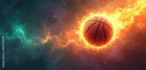 Basketball ball in flames against cosmos background. Dynamic fiery artwork with ball, smoke, energy, representing March Madness. Concept for sports events branding marketing. Ideal poster, wallpaper photo