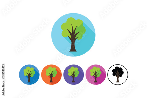 Colorful flat tree icons with long shadows representing nature and environmental concepts beautifully arranged.