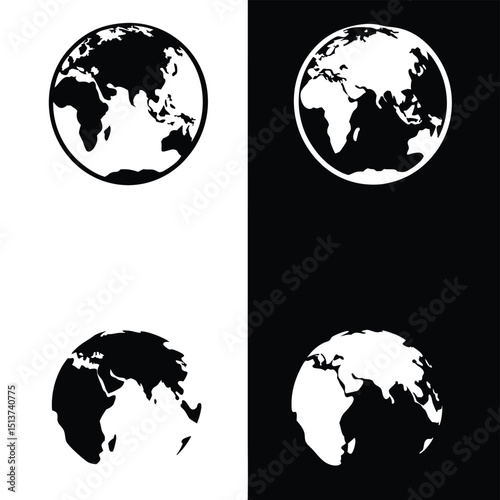 Earth Globe Icon Set in Black and White Simple Vector Illustration