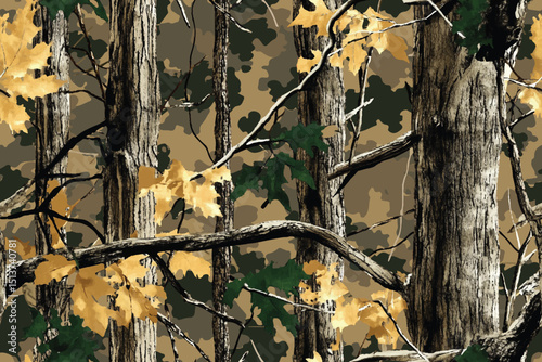 Forest camouflage. Tree branches, leaves, trees. Pattern for clothing, various products. Hunting camouflage seamless pattern background. Digital camouflage. Abstract camo