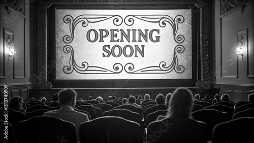 Opening soon cinema movie theater audience film black and white vintage retro auditorium showtime
