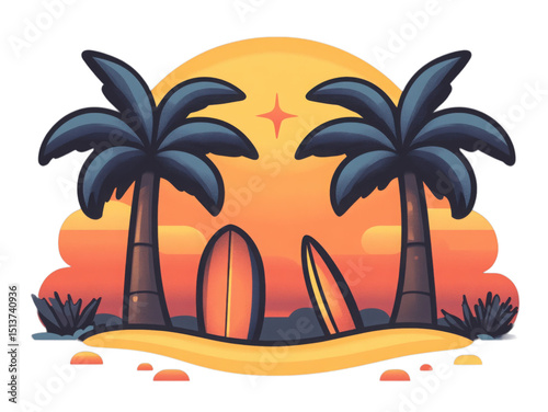 A cartoon drawing of a beach with palm trees and two surfboards