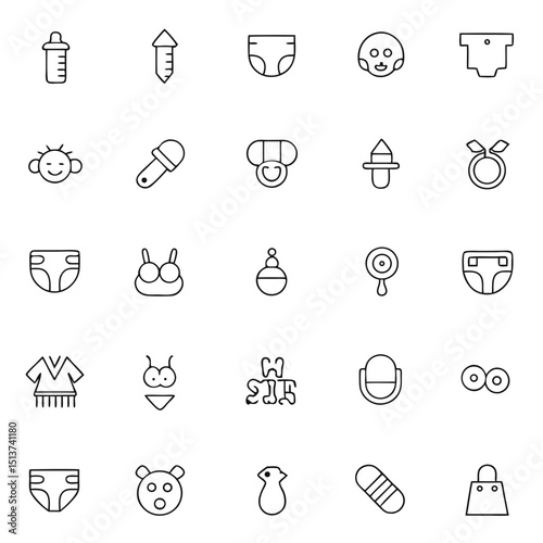 Collection of Baby Related Icons in Black and White Outline Style