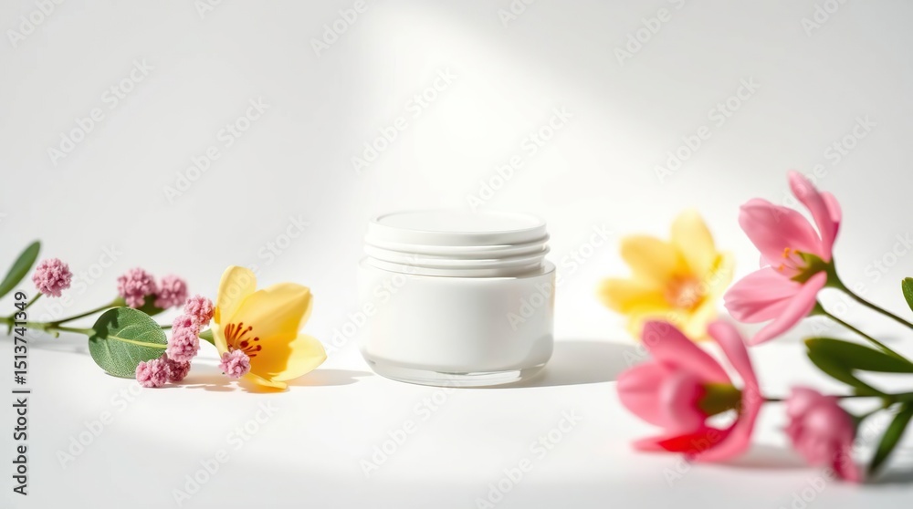 Elegant White Cosmetic Jar Mockup with Soft Light and Vibrant Flowers Elegant White Cosmetic Jar Mockup with Soft Light and Vibrant Flowers