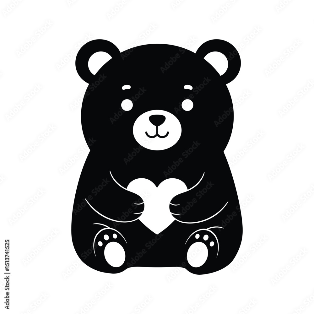 Fototapeta premium Adorable black bear cub holding a heart simple illustration
