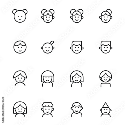 Set of Simple Line Art People and Animal Face Icons
