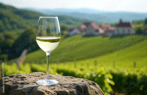 Glass white wine stands against vineyard background. Blurred village, green hills scenery. Wine tasting at vineyards near Chateau-Chalon village in Jura region France. French white vintage wine, photo