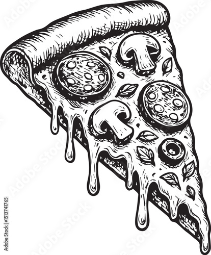 Pizza slice with toppings in detailed sketch style