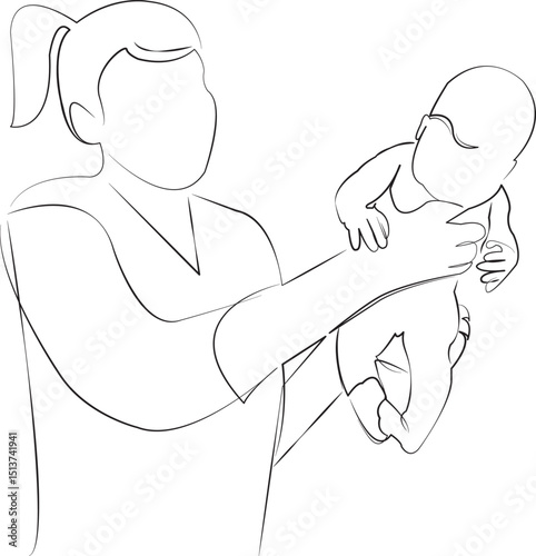 One continuous line drawing on white isolated background. Minimalism linear illustration. newborn, care, doctor, hospital, child, mother, midwife, patient, person, childbirth