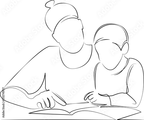 One continuous line drawing on white isolated background. Minimalism linear illustration. child, mother, education, homework, son, boy, learning, woman, student, studying