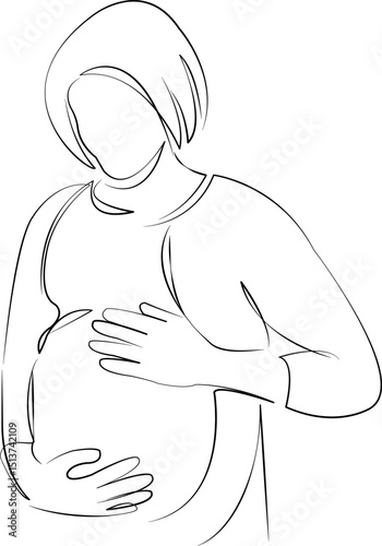 One continuous line drawing on white isolated background. Minimalism linear illustration. mother, pregnant, woman, motherhood, pregnancy, belly, maternity, care, female