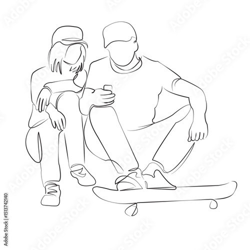 One continuous line drawing on white isolated background. Minimalism linear illustration. sitting, teenage, skateboard, skateboarding, outdoors, friendship, skateboard park, sport