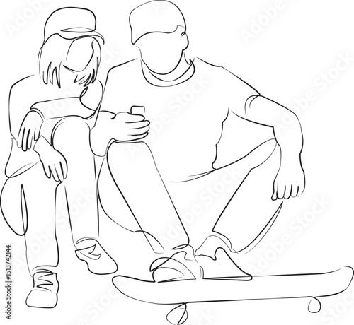 One continuous line drawing on white isolated background. Minimalism linear illustration. sitting, teenage, skateboard, skateboarding, outdoors, friendship, skateboard park, sport