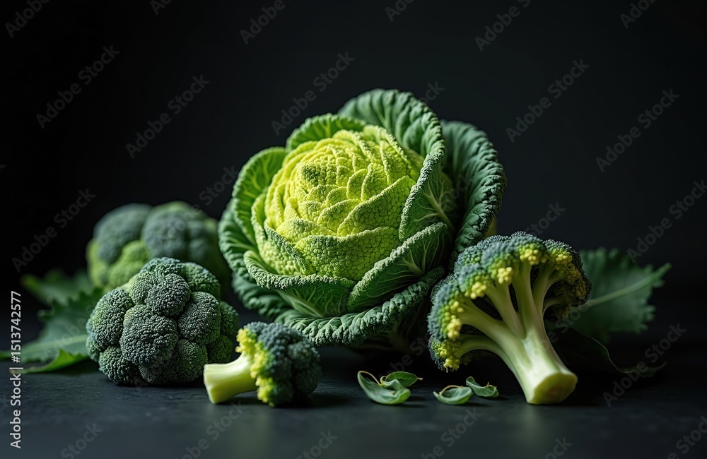 Obraz premium Close-up of fresh Romanesco cabbage, broccoli on dark background. Organic vegetables, vibrant green colour, healthy food. Vegetarian diet, raw ingredients. Harvest from garden, natural vitamins,
