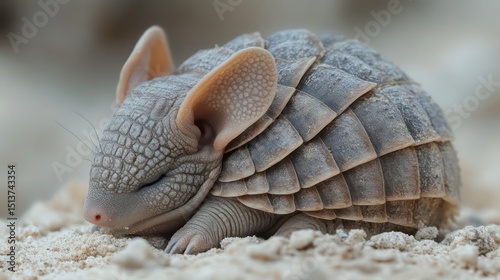 Tiny armadillo curled in a ball on sand, with a soft neutral-toned background