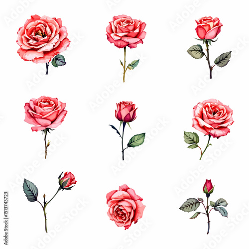 Set of watercolor Pink red flowers on white background, Set watercolor Flowers Clipart