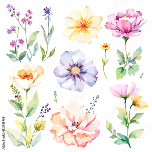 Set of watercolor flowers on white background, wildflower clipart vector for graphic resources