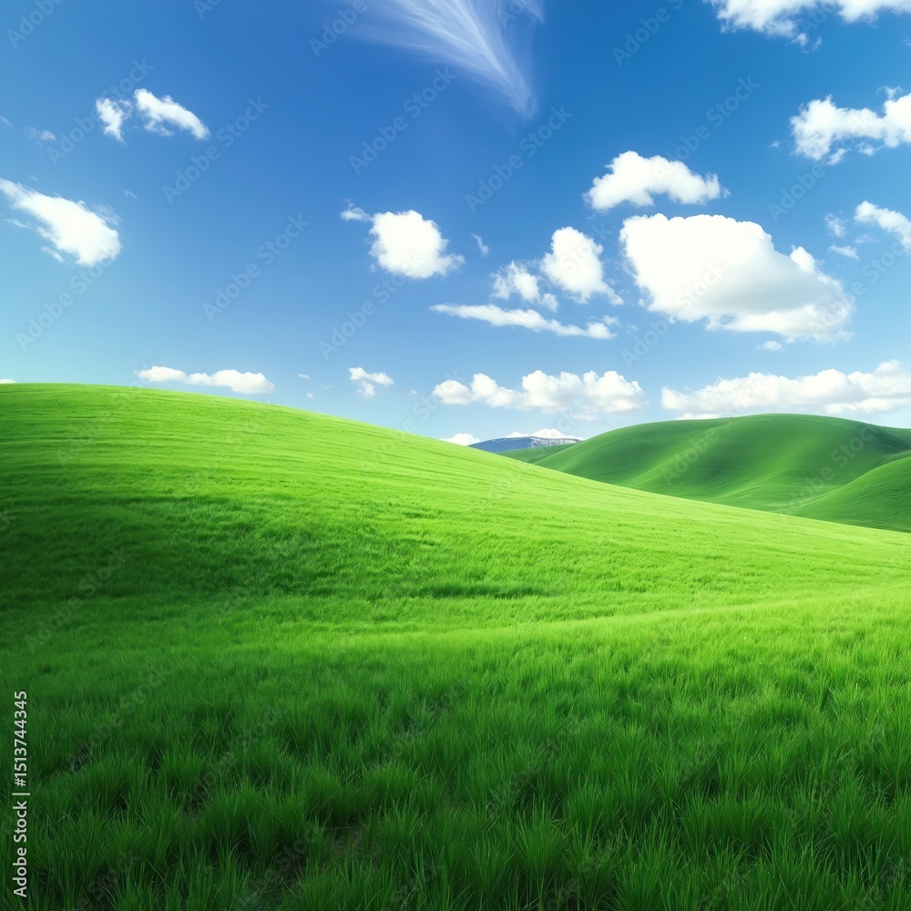 Fototapeta premium Scenic view green grass field under blue sky with clouds. Rolling hills, peaceful countryside landscape at sunny day. Nature, environment, outdoor, ecology concept.