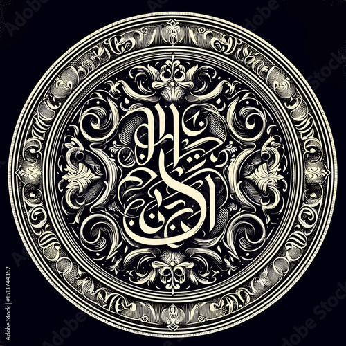 Antique coin design with intricate Arabic calligraphy patterns  