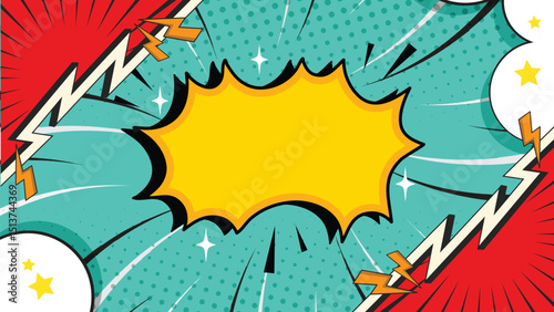 Pop Art Background: A vibrant pop art background bursts with dynamic energy. The background features vivid red and teal colors, bold outlines, and a central speech bubble.