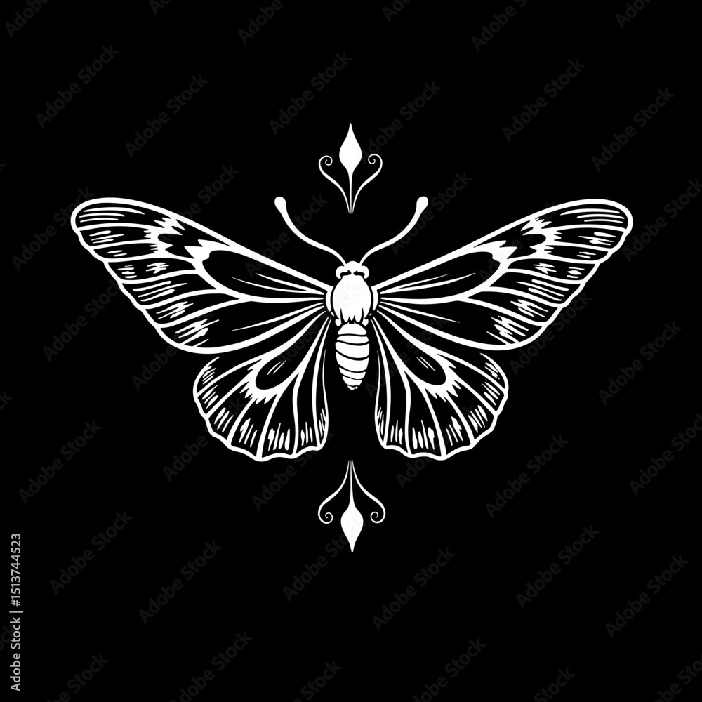 Fototapeta premium Decorative butterfly illustration in white on black background 