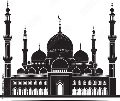medieval islamic palace, arabic architecture, islamic mosque, intricate dome, detailed minarets, black and white, highly detailed, hyper realistic, architectural illustration, cinematic lighting, dram
