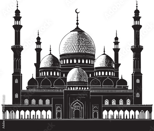 medieval islamic palace, arabic architecture, islamic mosque, intricate dome, detailed minarets, black and white, highly detailed, hyper realistic, architectural illustration, cinematic lighting, dram