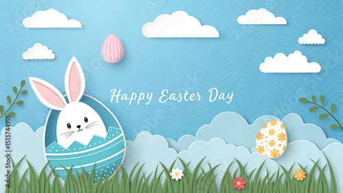 Happy Easter. Congratulatory easter background. Easter eggs and flowers. Selective focus. .Horizonta