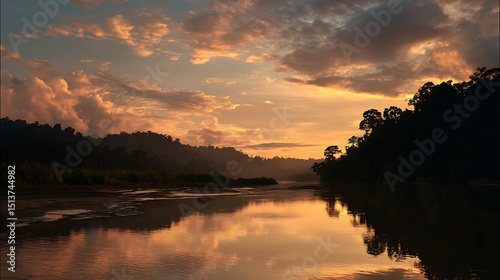 River At Sunset In Borneo Rainforest, Great For Travel Visuals And Tropical Destination Backgrounds