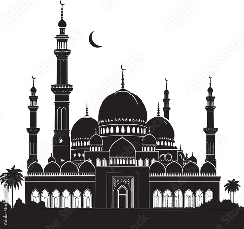 medieval islamic palace, arabic architecture, islamic mosque, intricate dome, detailed minarets, black and white, highly detailed, hyper realistic, architectural illustration, cinematic lighting, dram