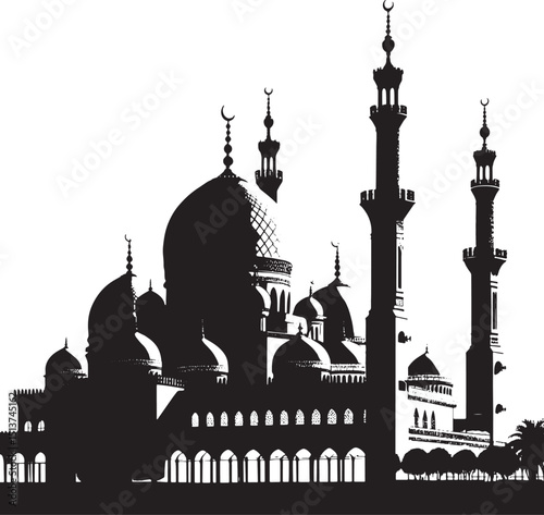 medieval islamic palace, arabic architecture, islamic mosque, intricate dome, detailed minarets, black and white, highly detailed, hyper realistic, architectural illustration, cinematic lighting, dram
