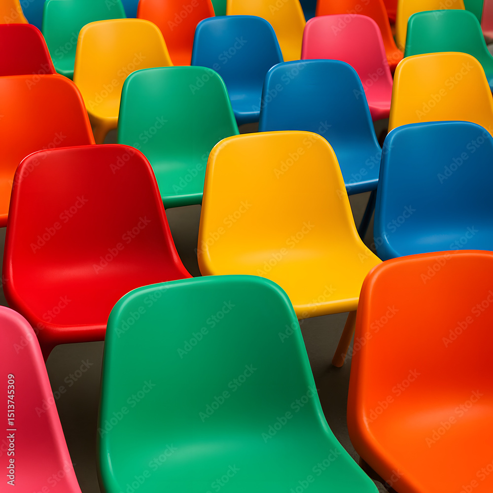 Naklejka premium Colorful plastic chairs arranged in rows, red, yellow, green, blue seating pattern, vibrant modern design, empty seats, bold color symmetry, interior layout for event, classroom or waiting area concep