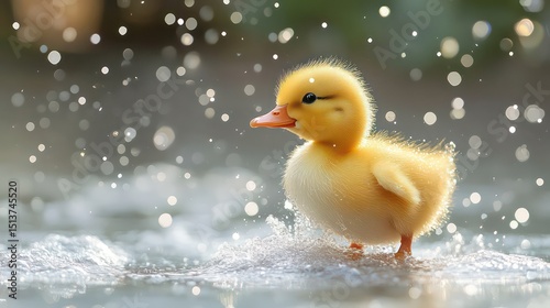 Tiny duckling waddling on white surface with mint green background and magical sparkles