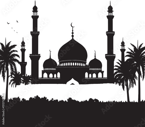 medieval islamic palace, arabic architecture, islamic mosque, intricate dome, detailed minarets, black and white, highly detailed, hyper realistic, architectural illustration, cinematic lighting, dram