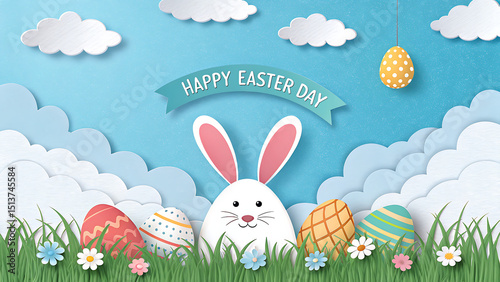 Happy Easter. Congratulatory easter background. Easter eggs and flowers. Selective focus. .Horizonta