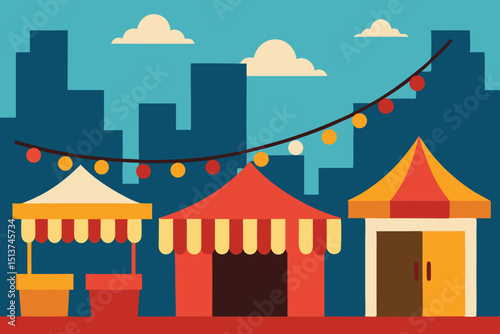The bustling night market features vibrant stalls adorned with colorful canopies serving snacks and drinks while city lights twinkle in the background
