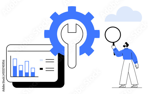 Abstract gear with wrench, chart featuring data bars, and character studying concept. Ideal for analytics, strategy, problem-solving, technology, teamwork, innovation simple landing page