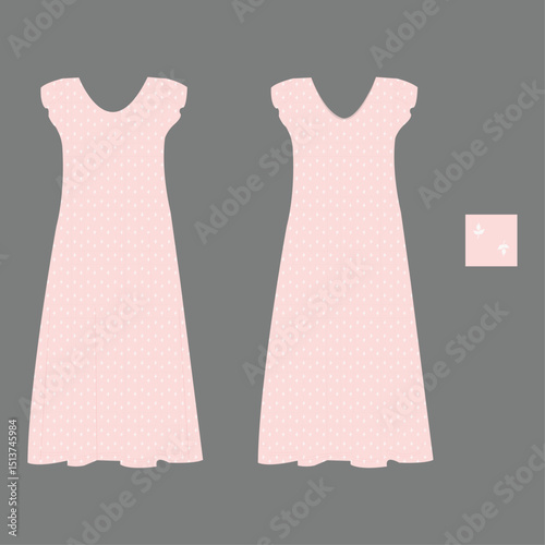 Sleepwear  technical fashion illustration. Maxi Dress with Lace trim fashion flat technical drawing template, strap, front and back view, white, blue, women CAD mockup set.
