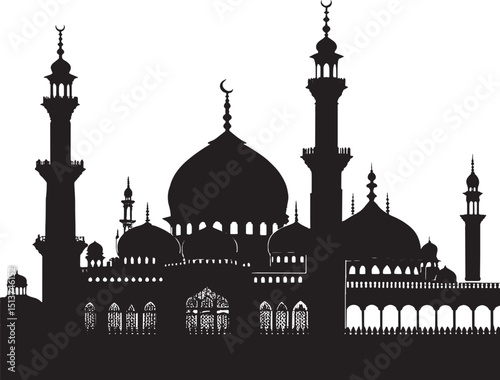 medieval islamic palace, arabic architecture, islamic mosque, intricate dome, detailed minarets, black and white, highly detailed, hyper realistic, architectural illustration, cinematic lighting, dram