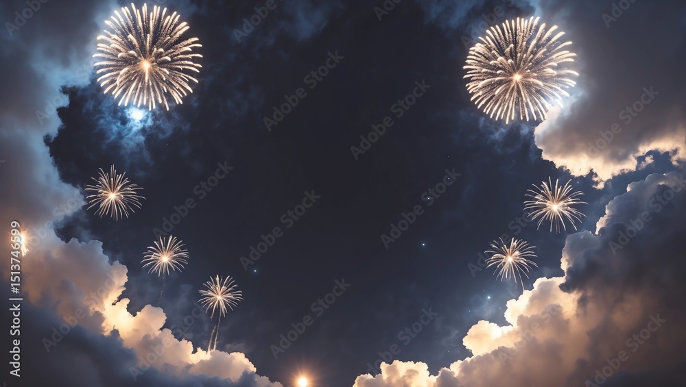 Obraz premium Festive Gold Fireworks Border in Night Sky for New Years and Independence Day Celebrations