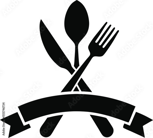 Restaurant elements cutlery set with ribbon icon vector illustration on transparent background.
