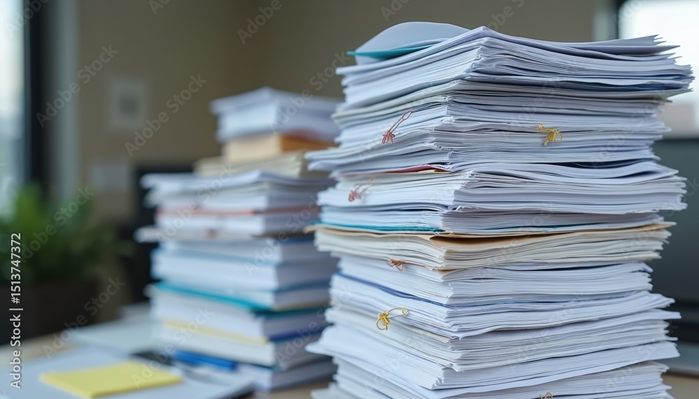Obraz premium Towering stack paperwork documents office setting. Pile of files paperwork on table. Records storage. Documents on desk. Business, administration concept. Bureaucracy, workload, paperwork overload,