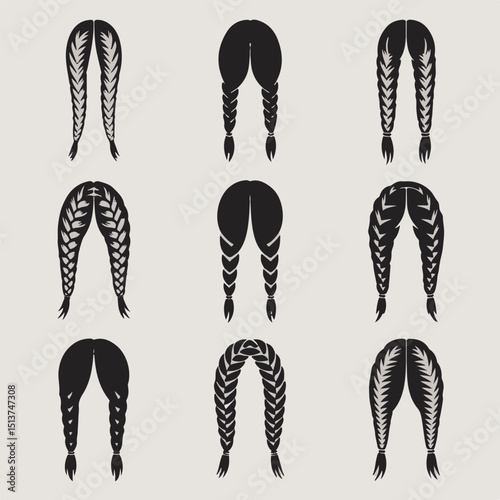 Collection of nine detailed vector illustrations of various braided hairstyle silhouettes suitable for design and fashion projects.