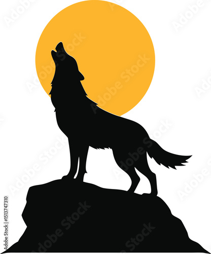 Silhouette of a wolf howling at the moon on a rocky landscape
