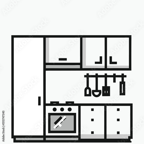 Kitchen Interior Icon
 A black outline vector icon of a kitchen interior showing a stove, hanging utensils, and cabinets, in a modern, minimal line-art design.